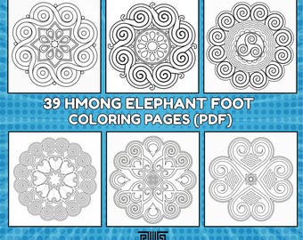 39 Hmong Elefantenfuss Ausmalseiten - Hmong Muster, Hmong Symbole, Hmong Produkte, Hmong Motive | Sofortiger Download PDF | Hmong Fun Art