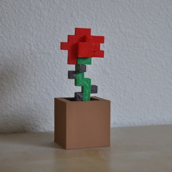 THE ORIGINAL 4-inch Minecraft Style Rose 3D Printed Hand-painted Flower Figurine Gift Caramel Pot
