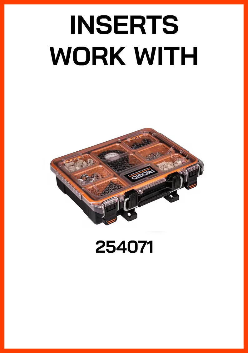 Puede incluir: Un contenedor de almacenamiento naranja y negro con tapa transparente, dividido en compartimentos llenos de ferreter&iacute;a. El contenedor tiene un asa y cierres negros. Se muestra el texto "INSERTS WORK WITH" y "254071".