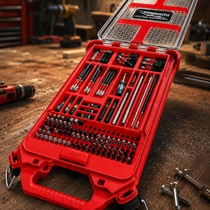 Puede incluir: Un maletín organizador de herramientas de plástico rojo con tapa transparente, que incluye el texto "DIGHMOUTH LIFETIME WARRANTY". El interior contiene varias brocas metálicas, puntas de destornillador y varillas de extensión.