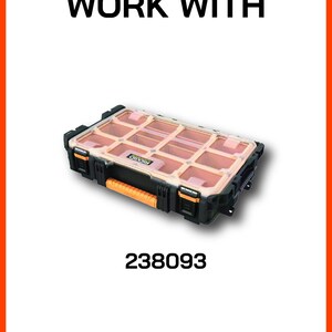 May include: Black and orange tool organiser with a clear lid and multiple compartments. The text "INSERTS WORK WITH" is above the organiser, and the number "238093" is below it. The organiser has an orange handle.