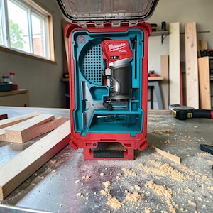 May include: Open red and teal Milwaukee FUEL tool case with a compact power tool inside. The case is open, revealing the tool and its accessories. The tool is black and red, with the Milwaukee logo visible. The case is on a metal surface.