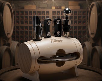 Sommelier kit in wooden barrel, set of 4 accessories. Personalized gift idea for wine lovers