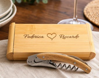 Set abridor de botellas sommelier de bambú | Estuche personalizable grabado a láser | Idea regalo amantes del vino | Sacacorchos