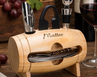 Kit sommelier barril de madera personalizado | Set 4 accesorios vino | Grabado láser | Regalo amante del vino | Regalo hombre
