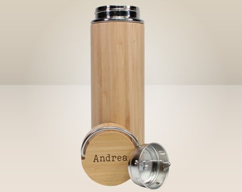 Thermos personalizzato in acciaio e bambù con infusore tè | Incisione laser nome | Borraccia termica 400 ml ecologica | Idea regalo ufficio