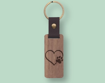Llavero corazón y huella personalizado con nombre, idea de regalo para amantes de los animales, grabado en madera