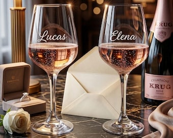Set de 2 copas de vino personalizadas | grabado nombre y símbolo | regalo boda aniversario pareja | copas de vidrio