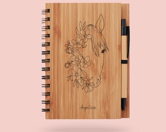Personalized Bamboo Horse Notebook, Floral Equestrian Journal Laser Engraved A5 Diary with Pen,  Horse Lover Gift, Recycled Paper