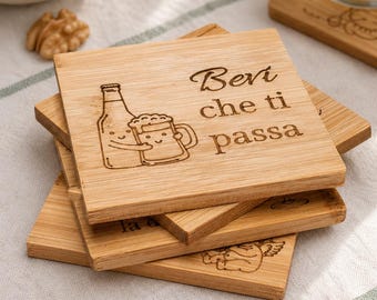 Set 4 posavasos de bambú con soporte | Grabado láser diferente en cada pieza | Idea regalo casa nueva | Diseño minimalista