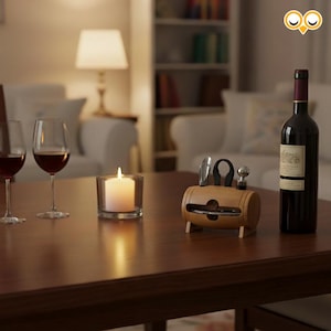 Kit sommelier a botte in legno su tavolo con bottiglia di vino rosso, calici e candela, ambientazione elegante – Unikoo