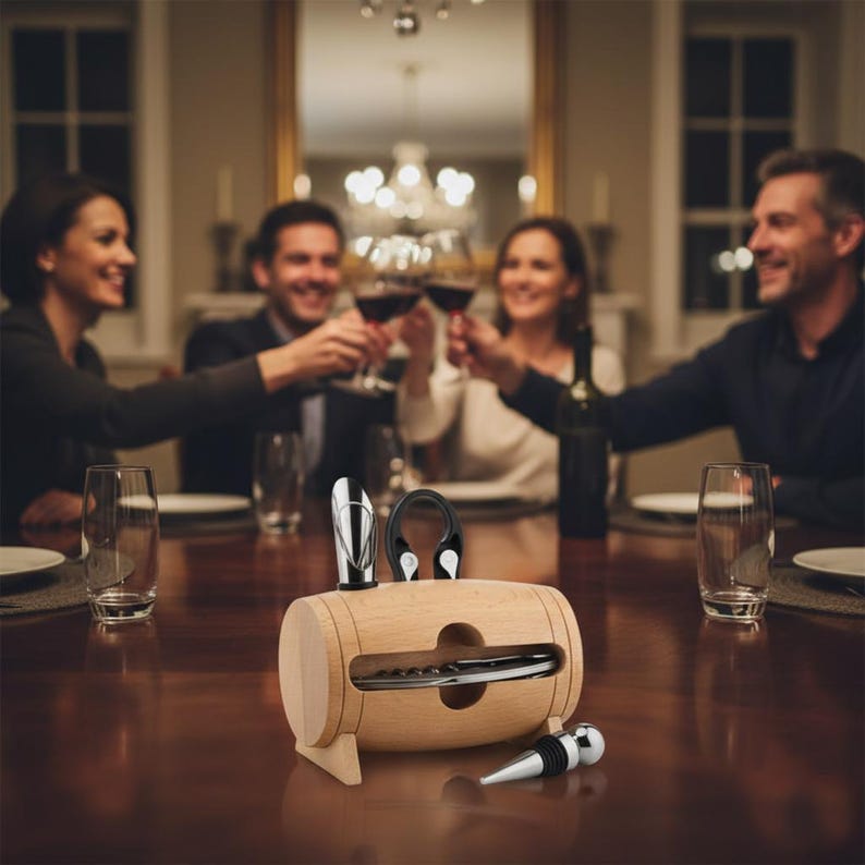 Kit sommelier a botte al centro di una tavolata conviviale, con persone che brindano con il vino – Unikoo