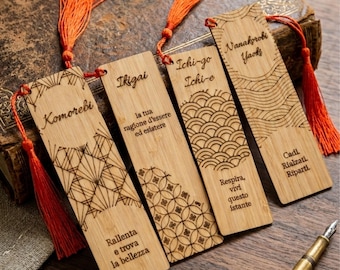 Marcapáginas de bambú personalizado | Grabado láser con símbolos y frases japonesas | Idea de regalo para lectores | Cumpleaños y Navidad