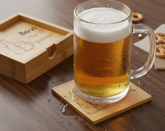Personalized Bamboo Coasters Set of 4 Laser Engraved, Custom Gift for Home Couple Friends, Coaster Holder Box Included