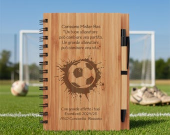 Personalised Football Coach Gift, Bamboo Notebook with Pen, End-of-Season Idea, Coach's Diary with Engraved Dedication, Sports Notebook