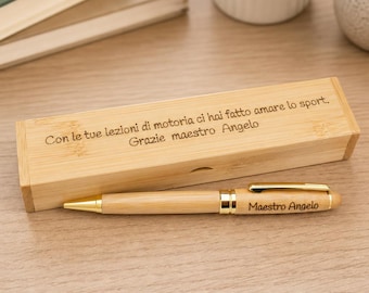 Set de regalo de bambú personalizado | Bolígrafo y estuche grabado láser | Idea regalo elegante | Aniversario o pareja