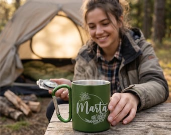 Taza de acero con mosquetón personalizada | Grabado nombre o frase | Idea regalo camping y deporte | Taza de viaje 300 ml