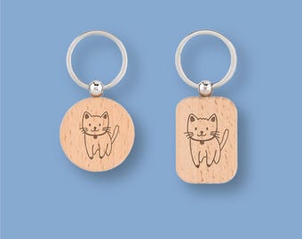 Llavero de gato personalizado con nombre, regalo para amantes de los gatos, grabado en madera