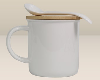 Tazza in porcellana con coperchio e cucchiaino in bambù | Personalizzata con incisione laser | Idea regalo tè e tisane | Compleanno