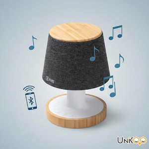 Op de afbeelding: Een moderne draadloze luidspreker met een bamboe boven- en onderkant en een donkergrijze stoffen kap. De luidspreker heeft een witte steel en is versierd met blauwe muzieknoten en een Bluetooth-symbool. De merknaam "R PET" is zichtbaar.