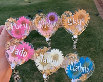 Heart Badge Reel with Flowers | Personalized Name Badge