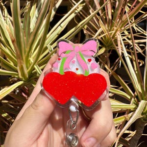 Cherry hearts and bow badge reel | Nurse badge reel | Cute badge reel | Girly badge reel | Cherry hearts badge reel | Bow badge reel