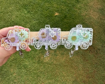 Ambulance Badge Reel, Floral Paramedic ID Holder