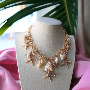 La~La || Gold, Pearl, & Natural Shell Necklace - Chunky Chain Necklace - Charms - Statement Jewelry - Beach Inspired Necklace
