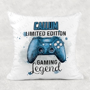 Personalised Gaming Legend cushion - Blue controller gamer name - boys birthday game room gift