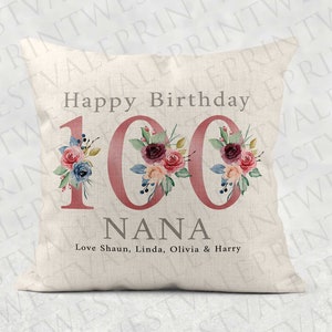 Personalised Age Name with love Cushion, Pink floral country linen pillow 100th Girls/Mum/Nan/Grandma birthday gift image 1