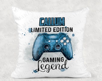 Personalised Gaming Legend cushion - Blue controller gamer name - boys birthday game room gift