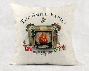 Personalised Christmas Country linen Cushion / family fireplace pillow/ xmas gift / Christmas Cushion, Christmas home Decor