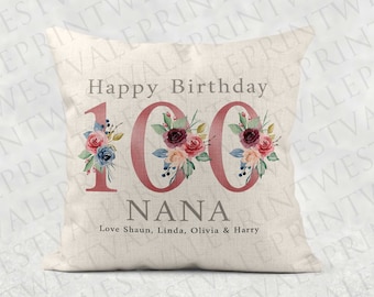 Personalised Age Name with love Cushion, Pink floral country linen pillow 100th Girls/Mum/Nan/Grandma birthday gift