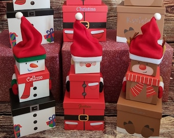 Christmas XL Santa gift box, Christmas eve stackable box, ,  elf gift box, santa gift box, snowman , reindeer 3pc personalised xmas box