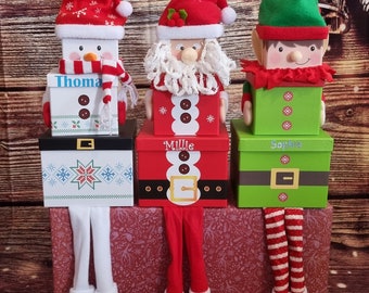 Christmas personalised Stacking Gift Boxes Santa, Elf, Snowman,Novelty with legs, Gift, Funny present Christmas Eve box  3pc xmas box