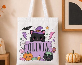 Personalised Halloween Trick or Treat Bag, Kids Sweets Tote, Cute Black Cat Witch Pumpkin Name Shopper