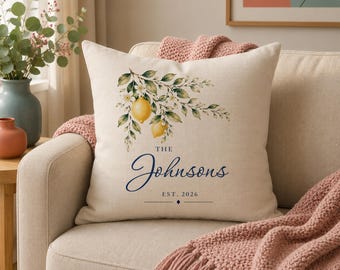 Personalised Family Name Cushion, Lemon Grove Pillow, Mediterranean Home Decor, Housewarming Gift, Wedding Gift, New Home Present