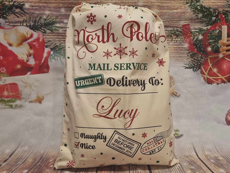 Personalised Christmas Santa Sack: Large Glitter Name Gift Bag North Pole