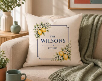 Personalised Family Name Cushion, Custom Surname Pillow, Established Home Gift, New Home Decor, Wedding Present, Lemon Cushion