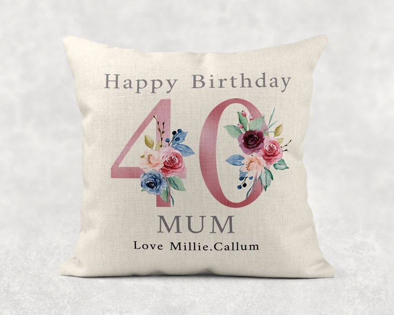 Personalised Age Name with love Cushion, Pink floral country linen pillow 100th Girls/Mum/Nan/Grandma birthday gift image 5