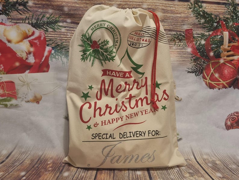 Personalised Christmas Santa Sack: Large Glitter Name Gift Bag Xmas & New Year