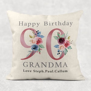 Personalised Age Name with love Cushion, Pink floral country linen pillow 100th Girls/Mum/Nan/Grandma birthday gift image 7