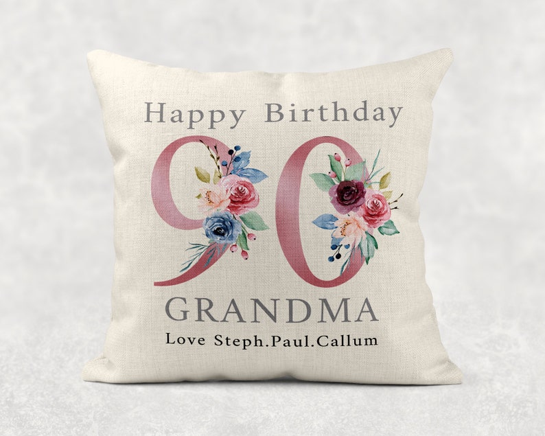 Personalised Age Name with love Cushion, Pink floral country linen pillow 100th Girls/Mum/Nan/Grandma birthday gift image 7