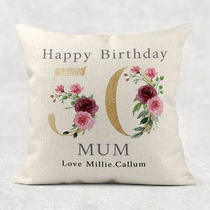 Personalised Age Name with love Cushion, GOLD floral country linen pillow 18th 50th 60th 70th 80th 90th Girls/Mum/Nan/Grandma birthday gift image 3