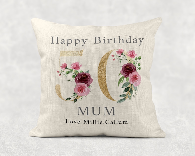 Personalised Age Name with love Cushion, GOLD floral country linen pillow 18th 50th 60th 70th 80th 90th Girls/Mum/Nan/Grandma birthday gift image 3