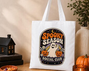 Spooky Season Trick or Treat Bag, Halloween Sweets Tote, Kids Ghost Pumpkin Reusable Shopper