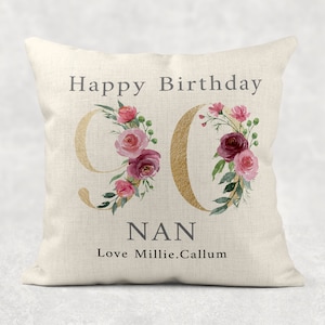 Personalised Age Name with love Cushion, GOLD floral country linen pillow 18th 50th 60th 70th 80th 90th Girls/Mum/Nan/Grandma birthday gift image 1