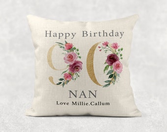 Personalised Age Name with love Cushion, GOLD floral country linen pillow 18th 50th 60th 70th 80th 90th Girls/Mum/Nan/Grandma birthday gift