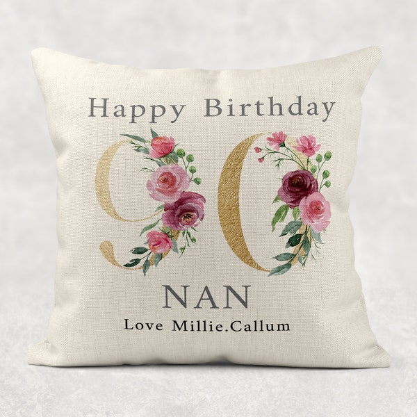 Personalised Age Name with love Cushion, GOLD floral country linen pillow 18th 50th 60th 70th 80th 90th Girls/Mum/Nan/Grandma birthday gift