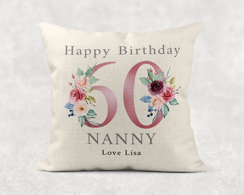 Personalised Age Name with love Cushion, Pink floral country linen pillow 100th Girls/Mum/Nan/Grandma birthday gift image 8